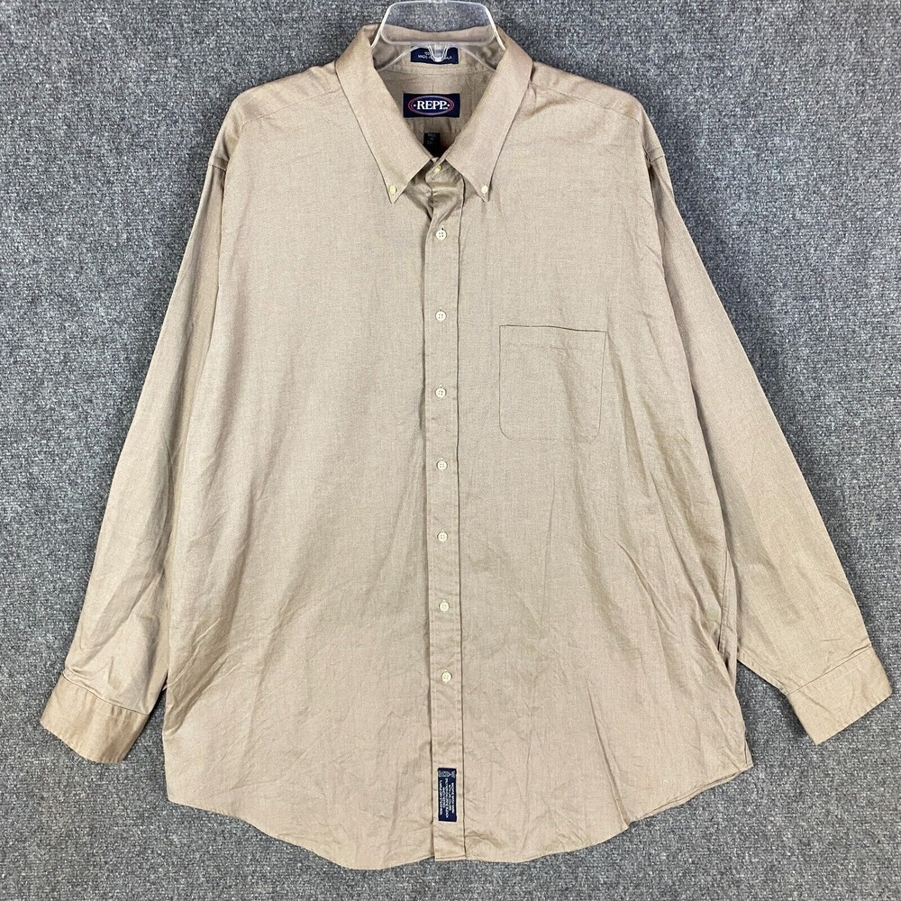 Repp Shirt Men's Tall 19 37/38 Beige‎ Button Down 100% Cotton Long Sleeve Adults